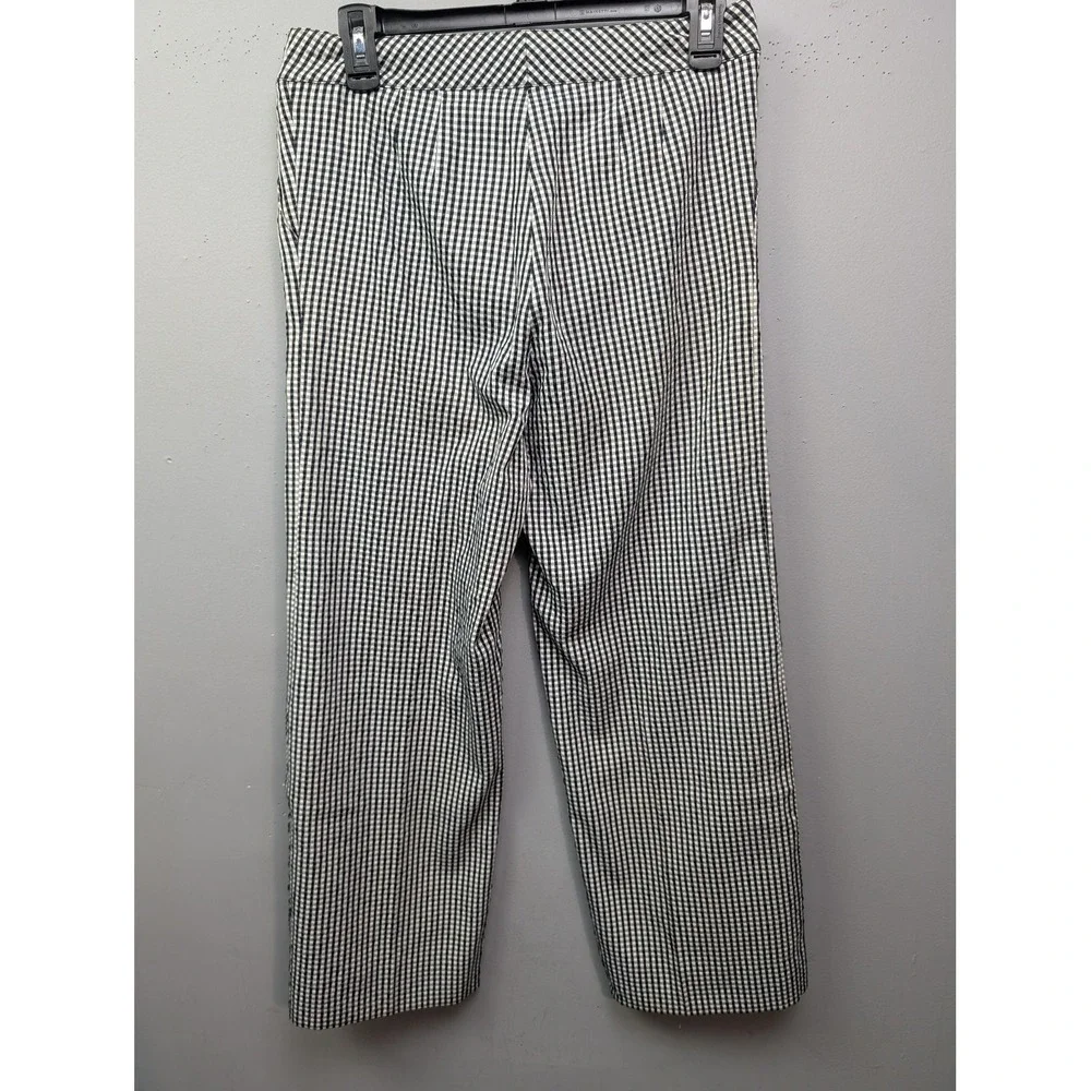 St. John Pants Women 4 Black White Gingham Straight Leg Gold Logo Trousers
